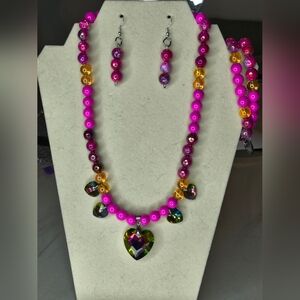 Agate Gemstones And Pink Glass Beads Elegant Multicolor Glass Heart Necklace Set